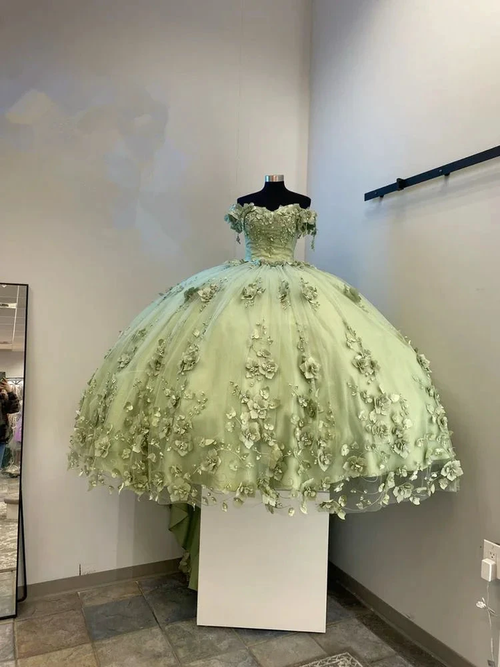 Green Quinceanera Dresses 3D Flowers Applique Ball Gown Sweet 16 Dress Y2984 by simplepromdress