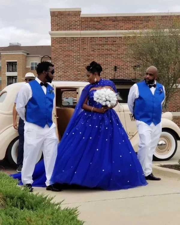 Royal Blue Tulle Ball Gown Prom Dress With Cape S8255 by simplepromdress