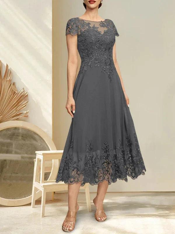 A-line Illusion Scoop Tea-Length Lace Chiffon Mother of the Bride Dress With Sequins by Dreamylily