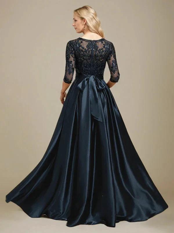 A-line Scoop Illusion Floor-Length Stretch Satin Lace Mother of the Bride Dress With Bow Sequins by Dreamylily