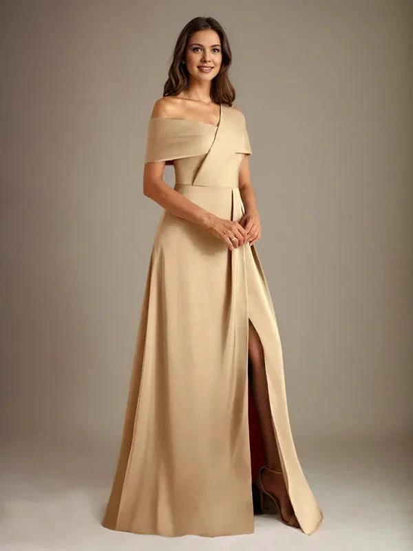 A-Line Asymmetrical Neckline Floor-Length Satin Mother of the Bride Dress With Pleated by Dreamylily