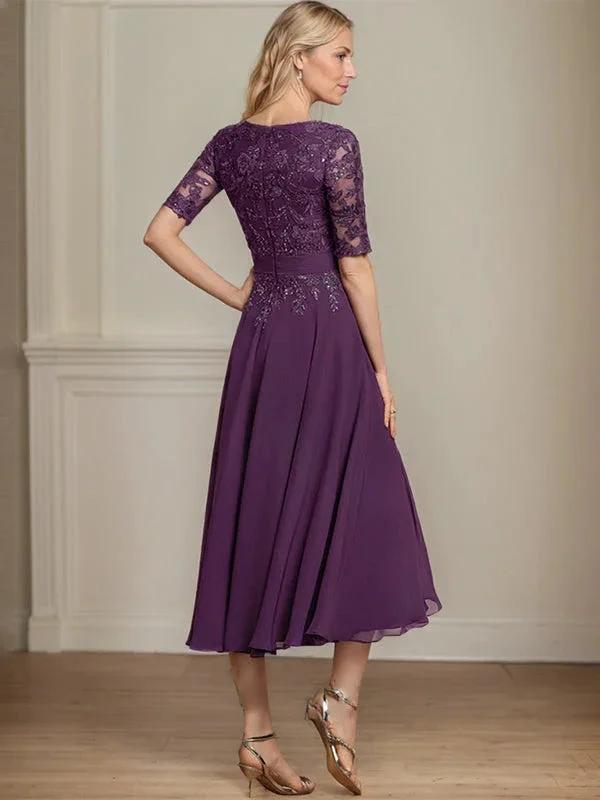 A-line V-Neck Tea-Length Lace Chiffon Mother of the Bride Dress With Sequins by Dreamylily