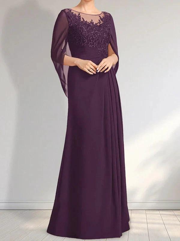 A-line Scoop Illusion Floor-Length Lace Chiffon Mother of the Bride Dress With Pleated Sequins by Dreamylily