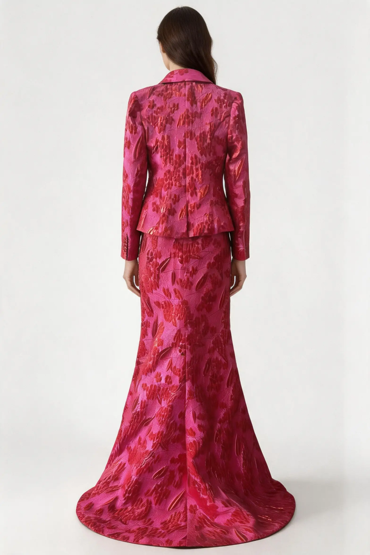 Elegant Crimson Floral Jacquard Two‑Piece Evening Gown with Tailored Jacket by simplepromdress
