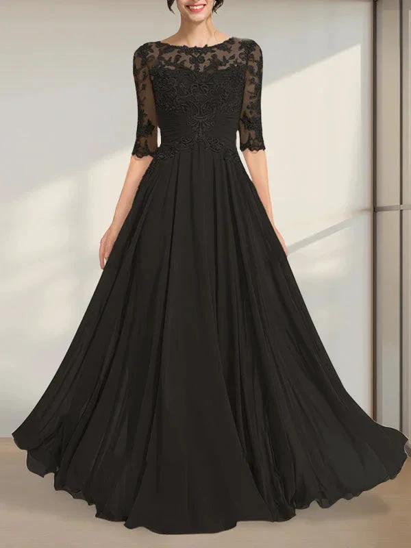 A-line Scoop Illusion Floor-Length Chiffon Lace Mother of the Bride Dress With Pleated Sequins by Dreamylily