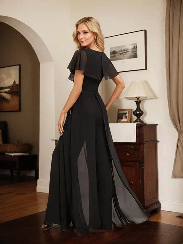 Jumpsuit/Pantsuit V-Neck Floor-Length Chiffon Evening Dress by Dreamylily
