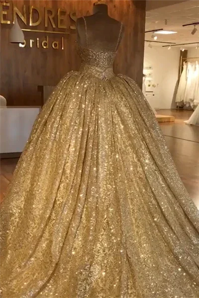 Spaghetti Straps Gold Evening Dress | Luxury Ball Gown Princess Prom Dress S19116 by simplepromdress