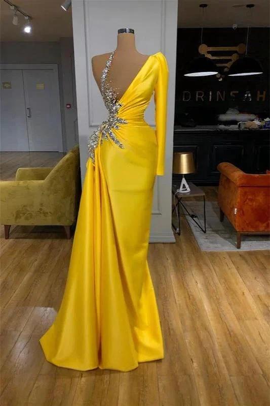 Yellow Mermaid Long One Shoulder Satin Prom Dress with Sleeves by BIZTUNNEL