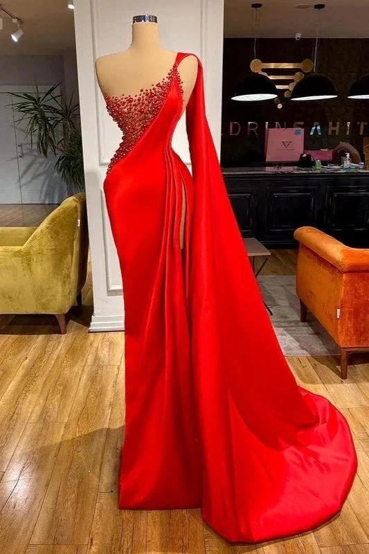 High Slit One Shoulder Scarlet Siren Mermaid Prom Dress with Beads by BIZTUNNEL