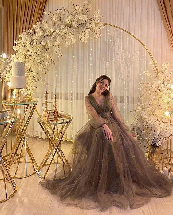 A-line V-neck Tulle Illusion Evening Dress Sheer Long Sleeves Evening Gown Y1204 by simplepromdress