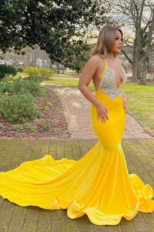 Long Mermaid V-neck Yellow Prom Dress With Applique by BIZTUNNEL
