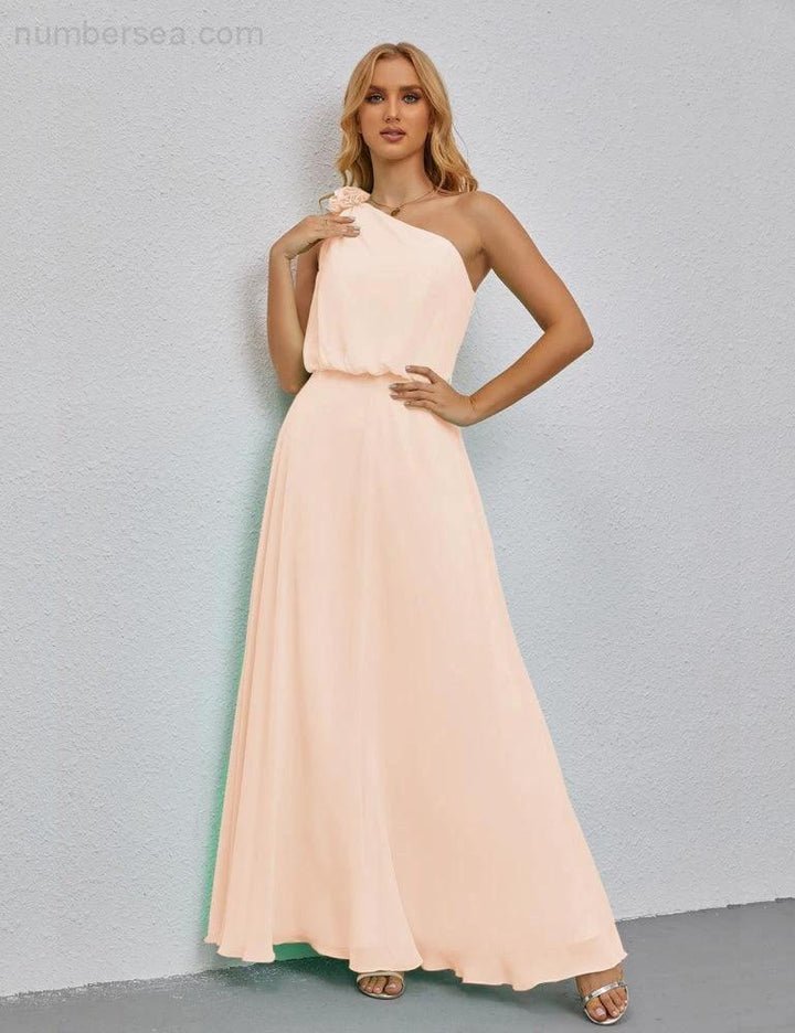 Ruffled One Shoulder Sleeveless Long Bridesmaid Dresses A-line Formal Evening Gown Side Split 28080 by numbersea