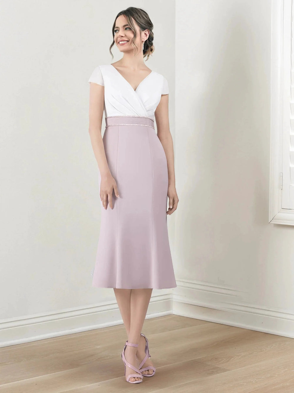 Sheath/Column V-Neck Tea-Length Mother of the Bride Dresses by Dreamylily