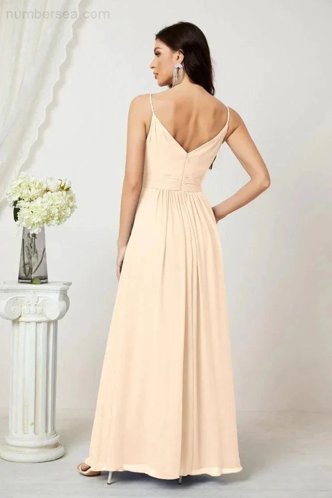 Numbersea Chiffon V-Neck Bridesmaid Dress Spaghetti Strap Long Formal Party Prom Gowns with Slit 28010 by numbersea
