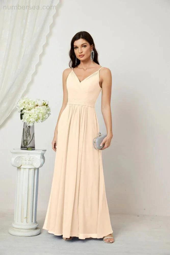 Numbersea Chiffon V-Neck Bridesmaid Dress Spaghetti Strap Long Formal Party Prom Gowns with Slit 28010 by numbersea