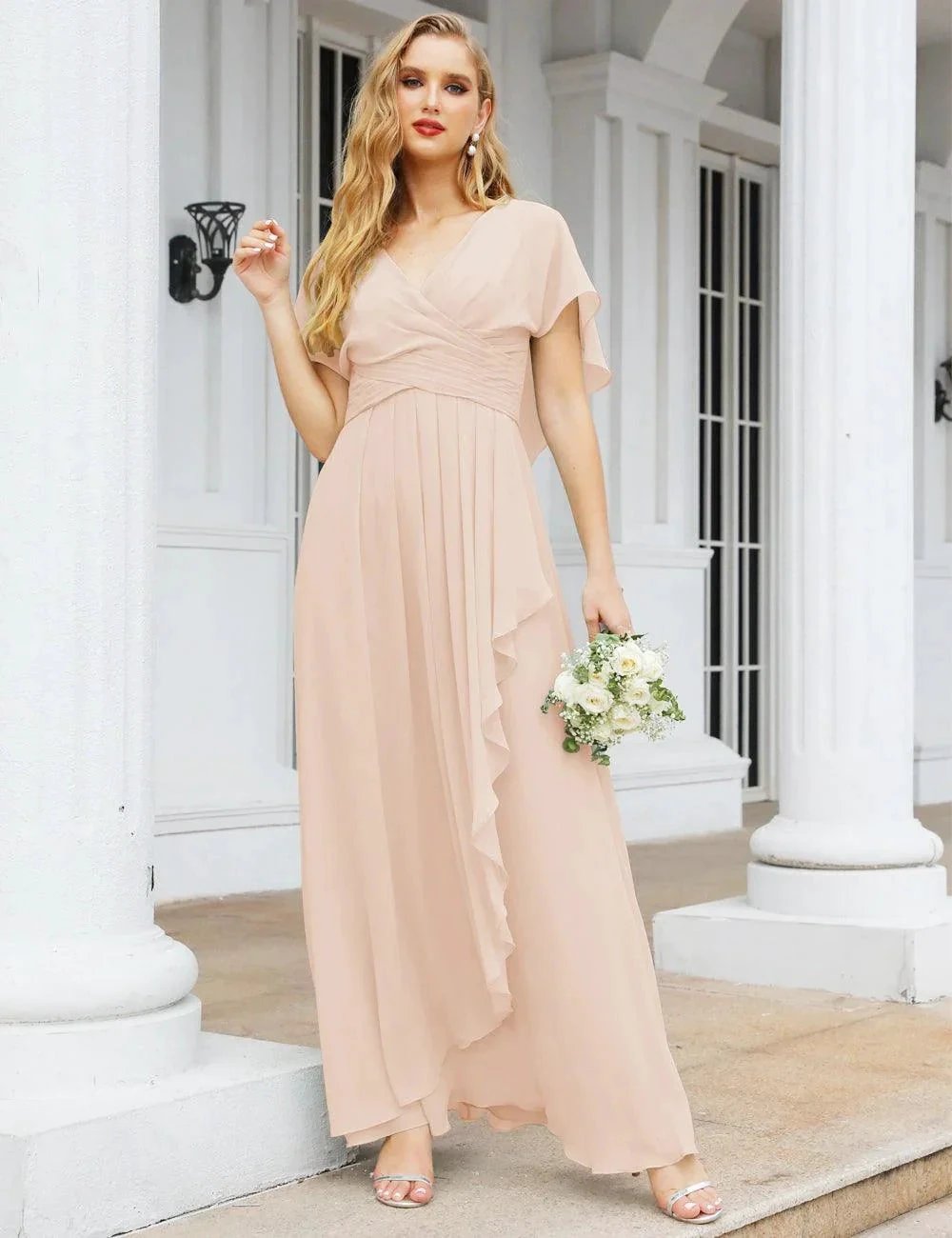 Numbersea Chiffon Bridesmaid Dresses Long Formal Evening Prom Mother of The Bride Dress with Flutter Sleeve SEA28040 by numbersea