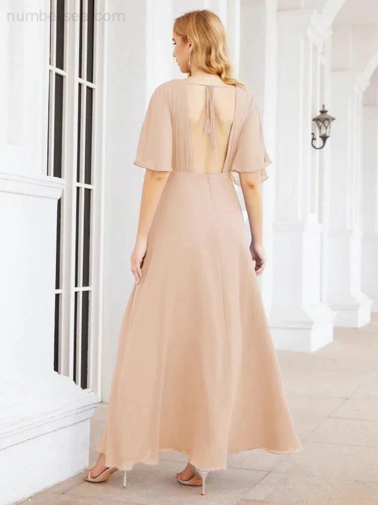 Numbersea V-Neck Bridesmaid Dress Chiffon Long Open Back Formal Dresses for Women Party Evening 28067 by numbersea