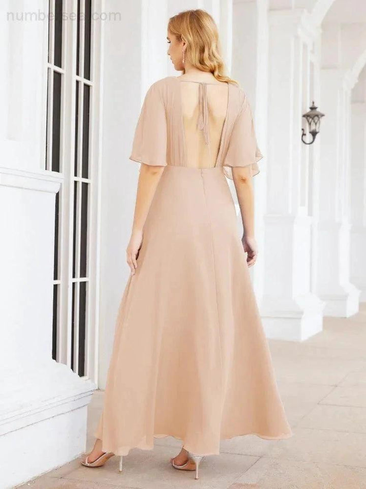 Numbersea V-Neck Bridesmaid Dress Chiffon Long Open Back Formal Dresses for Women Party Evening 28067 by numbersea