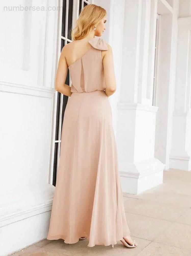 Numbersea Chiffon Ruffled One Shoulder Sleeveless Long Bride Dresses A-line Formal Evening Gown Side Split 28057 by numbersea