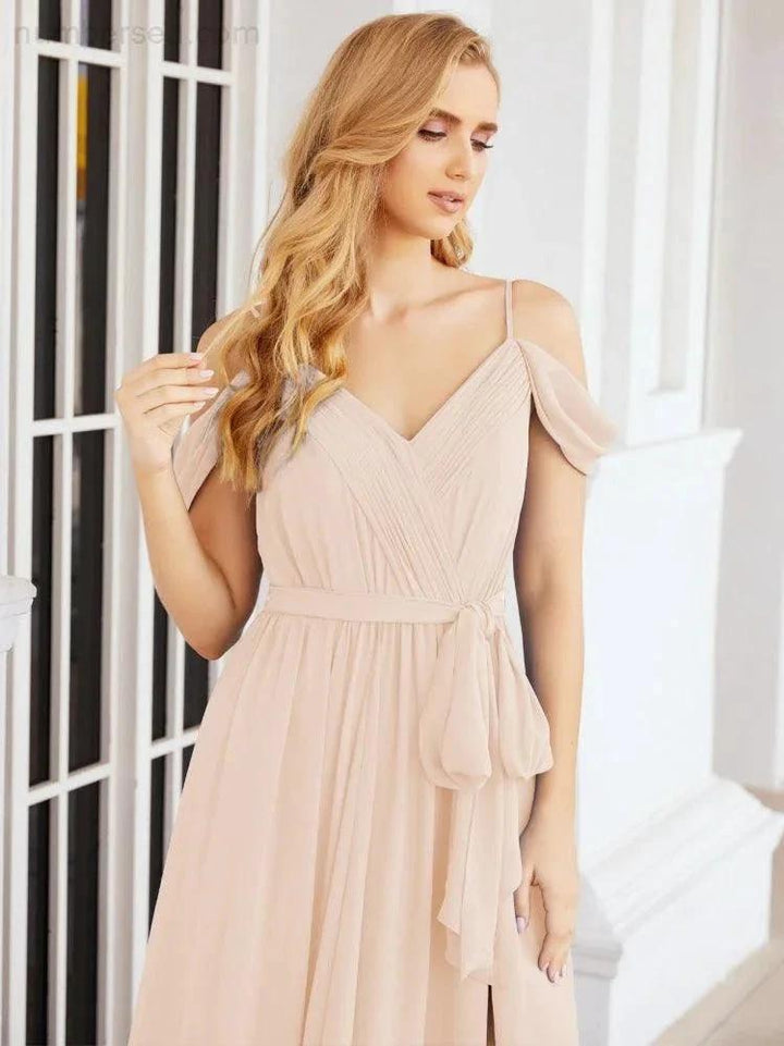 Numbersea Off The Shoulder Chiffon Bridesmaid Dress Long Formal Graduation Gown with Cowl Back 28069 by numbersea