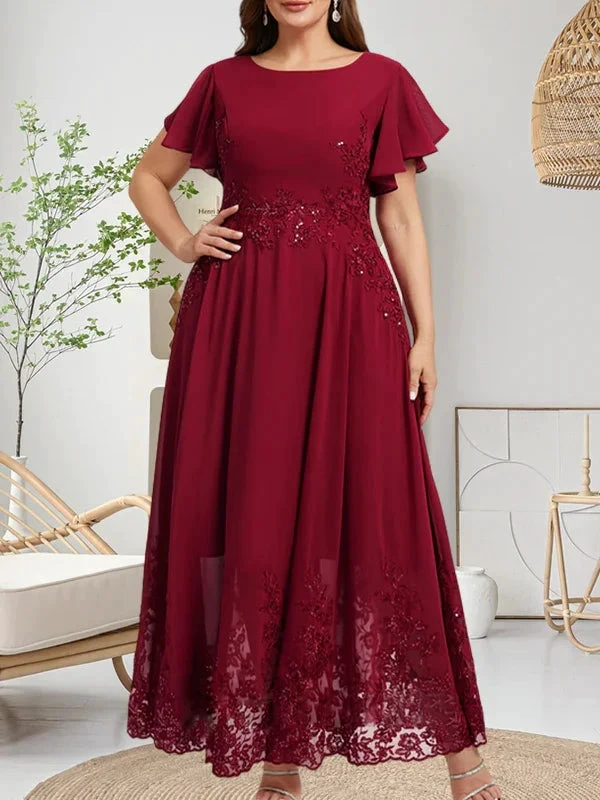 Abito da madre della sposa in chiffon di pizzo con scollo a U, lunghezza alla caviglia, linea a trapezio, con paillettes