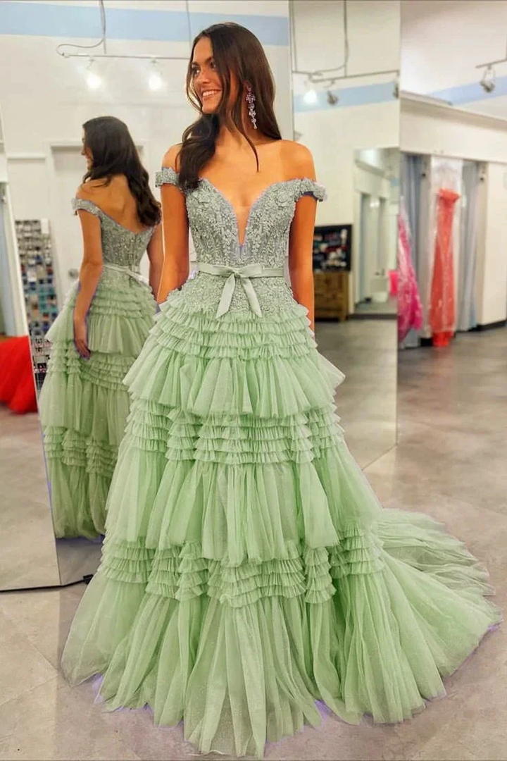 Princess A Line Off the Shoulder Light Pink Long Prom Dress with Ruffles by KissProm