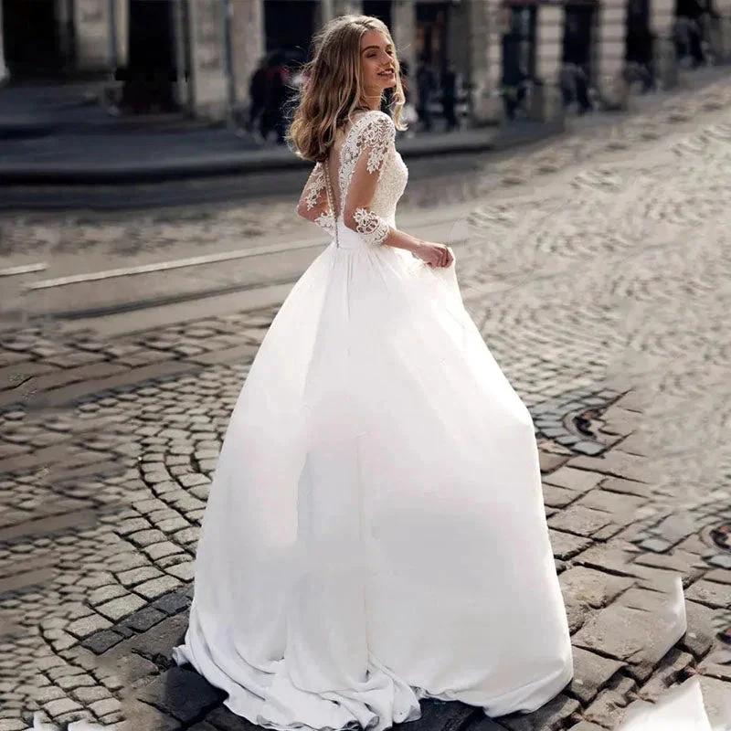 JEHETH Lace Appliques Wedding Dresses For Women Satin Elegant A Line Illusion Back With Button Bride Dress Vestidos de Novia by payinti
