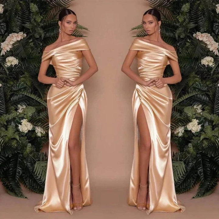 Off The Shoulder Charmeuse Prom Dress Split Ruffle Mermaid by BIZTUNNEL