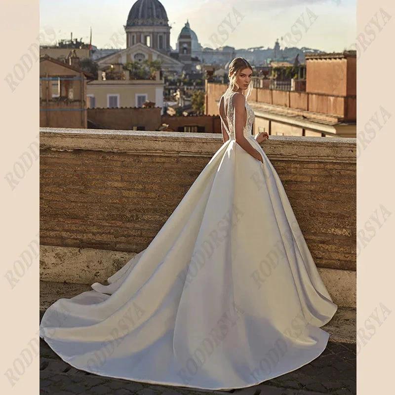Soft Satin V-Neck Wedding Dresses For Women A-Line Backless Bridal Gowns Sleeveless Insertable Pocket Robe De Mariée by payinti