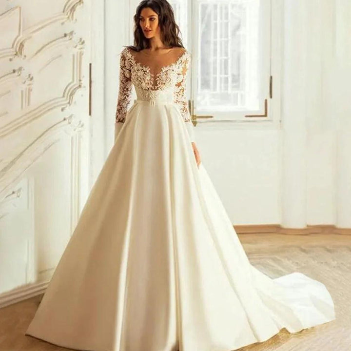 Elegant Wedding Dresses Long Sleeves For Women Princess A Line Bridal Gowns Custom Made Lace Appliques Satin Robe De Mariee by payinti