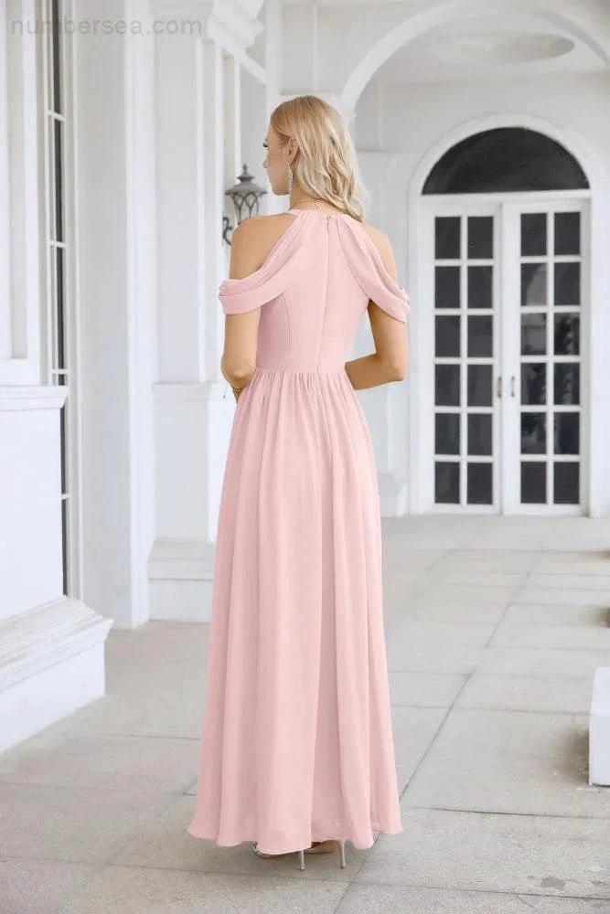Ladies Chiffon Off Shoulder Swing Sleeve Front Slit Bridesmaid Evening Dress Wedding Party Evening Dress 28117 by numbersea