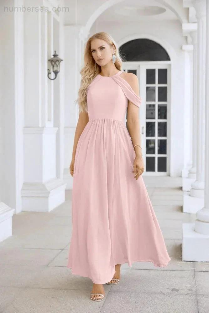 Ladies Chiffon Off Shoulder Swing Sleeve Front Slit Bridesmaid Evening Dress Wedding Party Evening Dress 28117 by numbersea