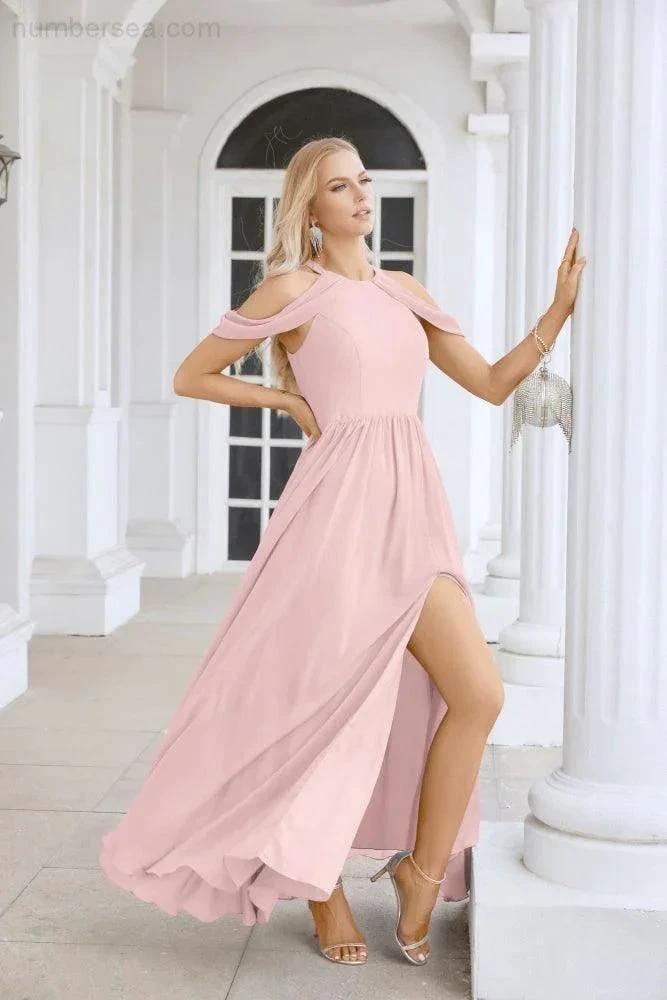 Ladies Chiffon Off Shoulder Swing Sleeve Front Slit Bridesmaid Evening Dress Wedding Party Evening Dress 28117 by numbersea