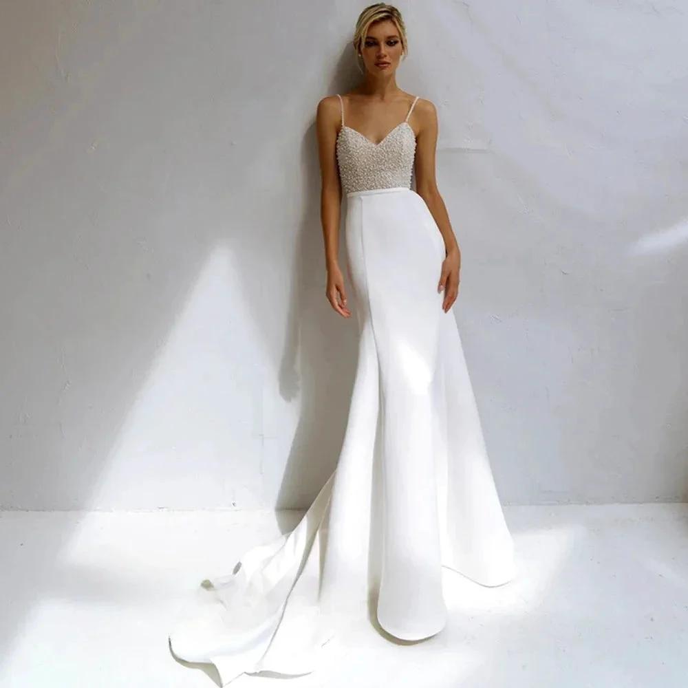 Shinning Sheath Pearl Wedding Dresses Spaghetti Strap Satiin Beads V-Neck For Women Robe De Mariée Formal Brides Gown by payinti