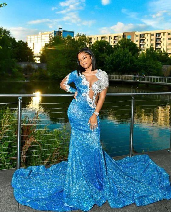 Blue Sequins Long Evening Dress With Train Sexy Prom Gown For Black Girls Y846 by simplepromdress