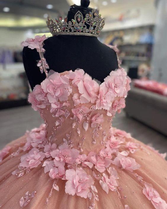Luxurious Pink 3D Applique Ball Gown Princess Dress Sweet 16 Dress Y824 by simplepromdress