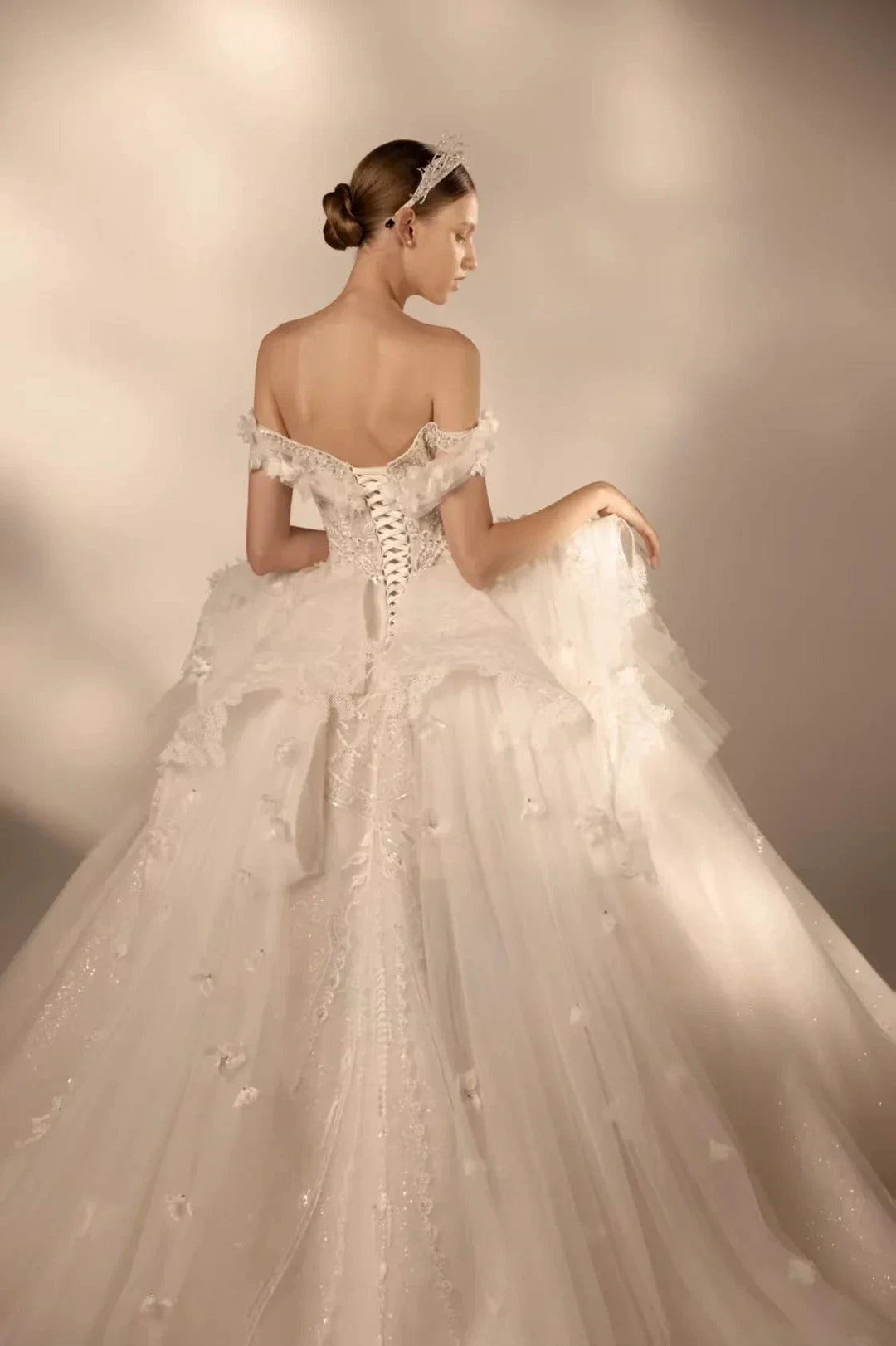 Gorgeous Long Ball Gown Off-the-Shoulder Tulle Wedding Dress with 3D Floral &amp; Crystal Embroidery &amp; Cathedral Train H009 by ZAPDRESS