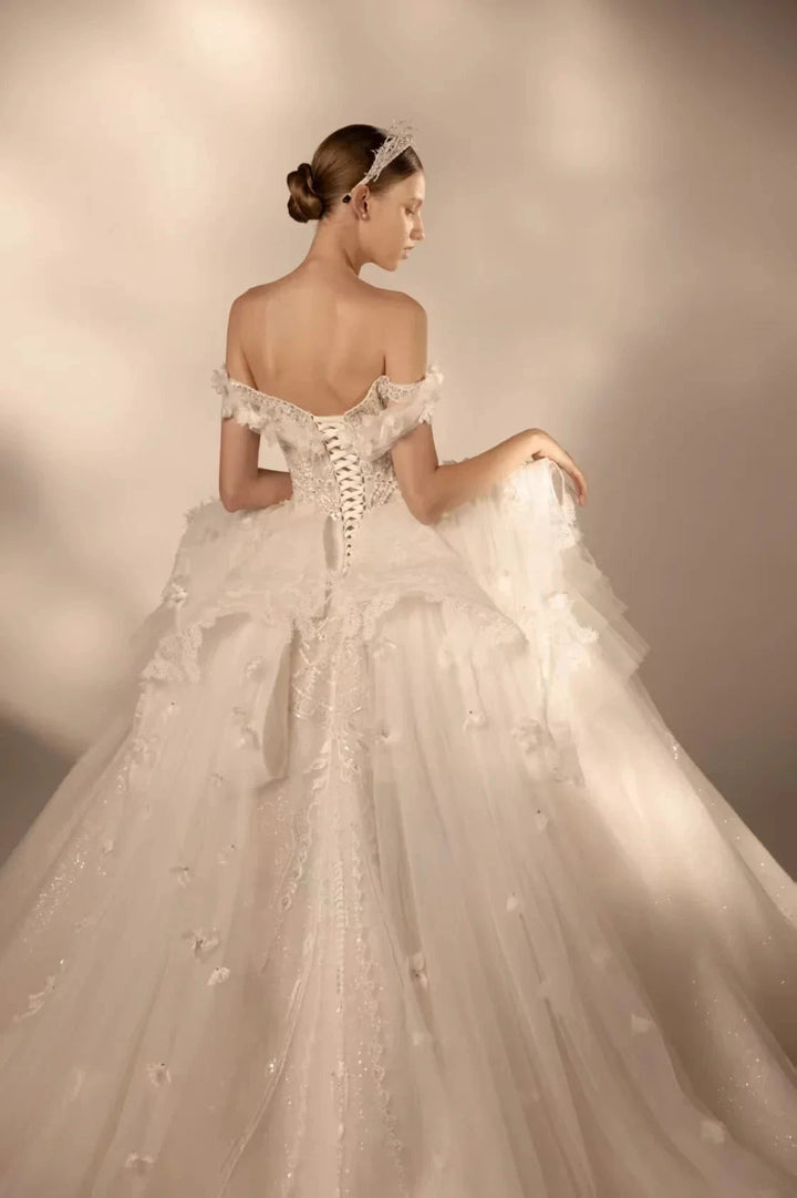 Gorgeous Long Ball Gown Off-the-Shoulder Tulle Wedding Dress with 3D Floral &amp; Crystal Embroidery &amp; Cathedral Train H009 by ZAPDRESS