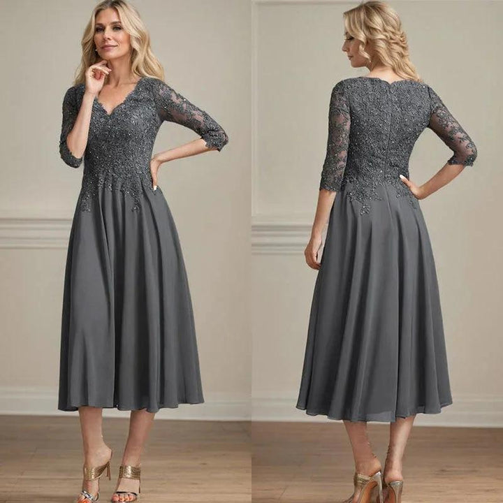 A-line V-Neck Tea-Length Chiffon Lace Mother of the Bride Dress With Beading Sequins by Dreamylily