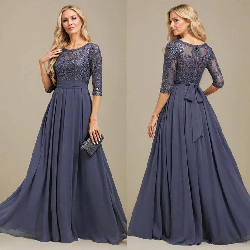 A-Line Scoop Floor-Length Lace Chiffon Mother Of the Bride Dress With Sequins Applique by Dreamylily