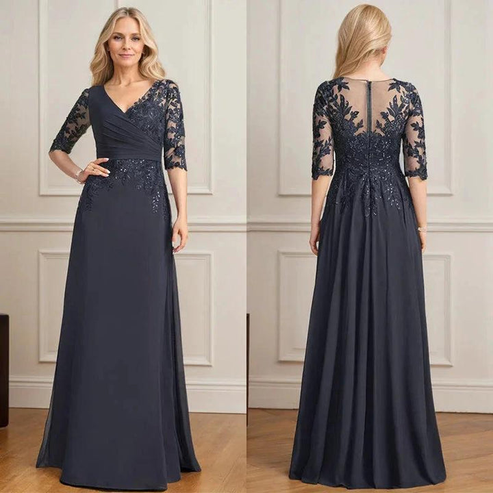 A-line V-Neck Floor-Length Lace Chiffon Mother of the Bride Dress With Pleated Sequins by Dreamylily
