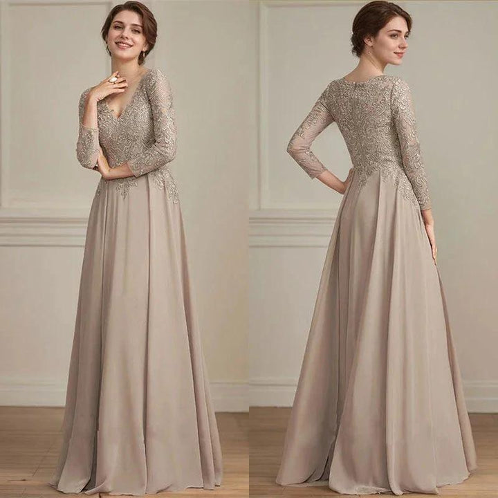 A-line V-Neck Floor-Length Lace Chiffon Mother of the Bride Dress With Sequins by Dreamylily