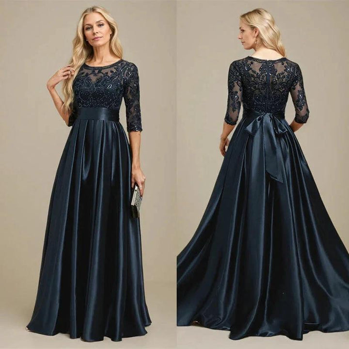 A-line Scoop Illusion Floor-Length Stretch Satin Lace Mother of the Bride Dress With Bow Sequins by Dreamylily