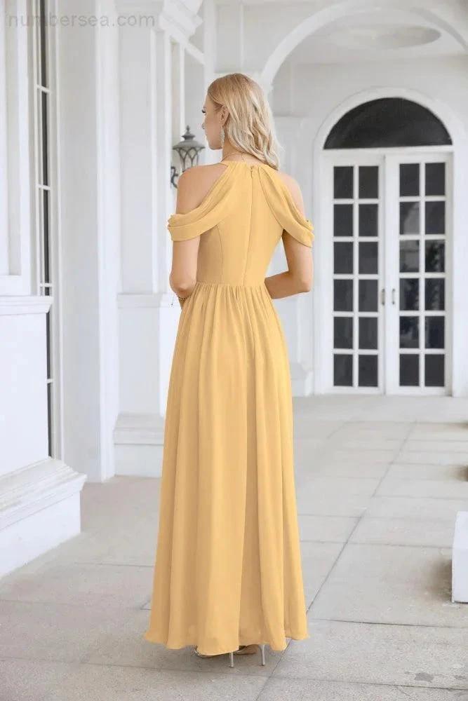 Ladies Chiffon Off Shoulder Swing Sleeve Front Slit Bridesmaid Evening Dress Wedding Party Evening Dress 28117 by numbersea