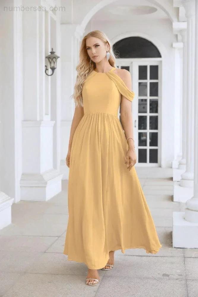 Ladies Chiffon Off Shoulder Swing Sleeve Front Slit Bridesmaid Evening Dress Wedding Party Evening Dress 28117 by numbersea