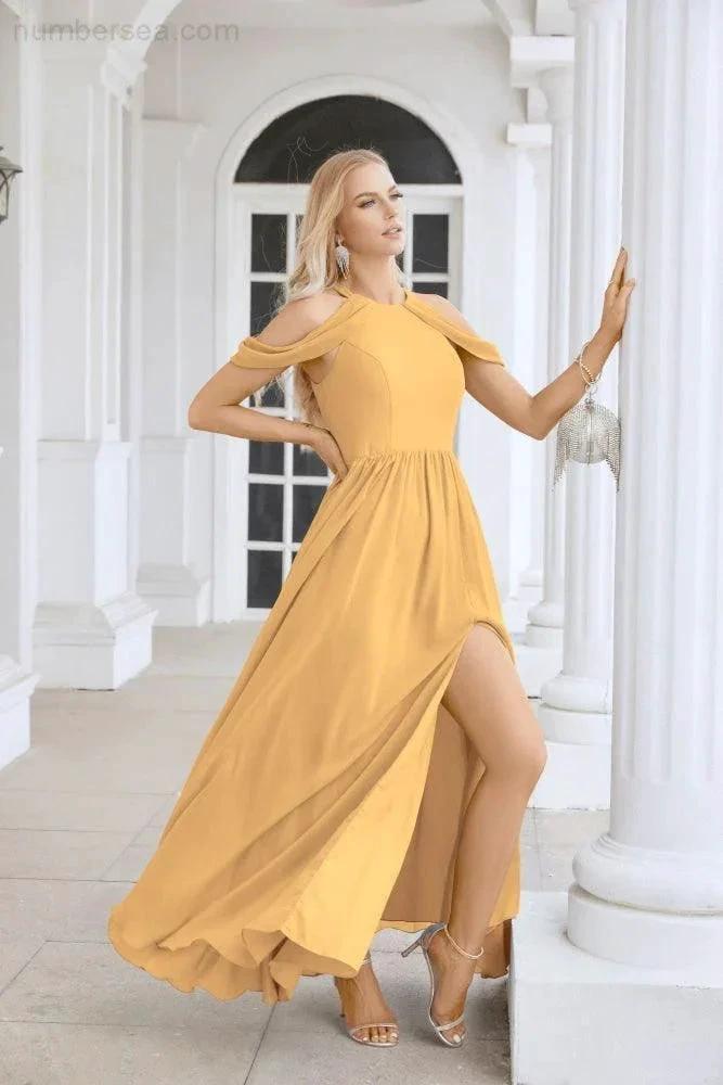 Ladies Chiffon Off Shoulder Swing Sleeve Front Slit Bridesmaid Evening Dress Wedding Party Evening Dress 28117 by numbersea