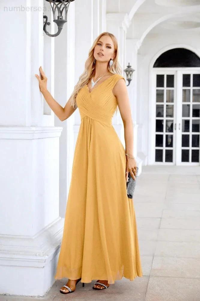 Ladies Chiffon V Neck Sleeveless Floor Length Bridesmaid Evening Dress Wedding Party Evening Dress 28126 by numbersea