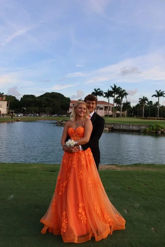 Orange Lace Appliques Prom Dress Illusion Sweetheart Strapless Tulle A Line Sweep Train Evening Gowns Graduation Party Y4167 by simplepromdress
