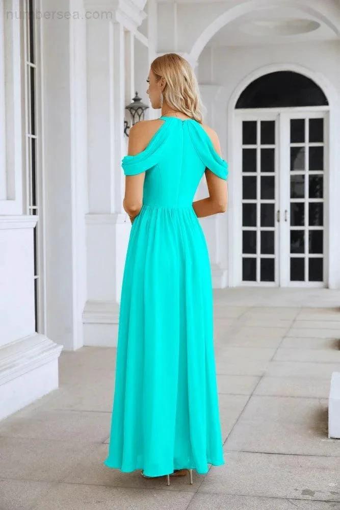 Ladies Chiffon Off Shoulder Swing Sleeve Front Slit Bridesmaid Evening Dress Wedding Party Evening Dress 28117 by numbersea