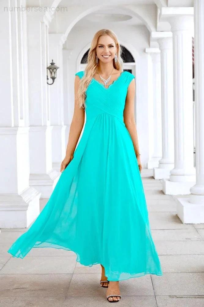 Ladies Chiffon V Neck Sleeveless Floor Length Bridesmaid Evening Dress Wedding Party Evening Dress 28126 by numbersea